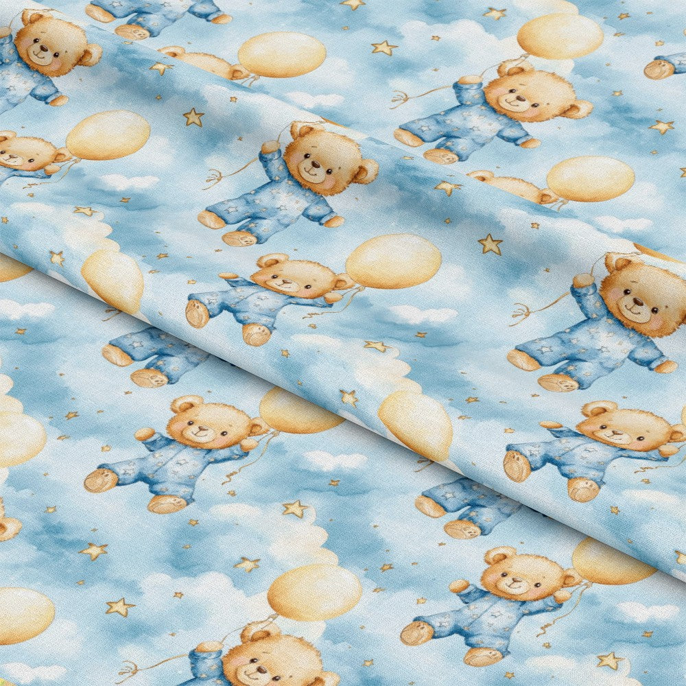 - Blue Teddy Bear Baby Boy Pattern 6 Quilting Cotton Fabric  
- Light blue background  
- Adorable teddy bears in blue outfits  
- Balloons in soft yellow  
- Scattered stars and clouds  
- Baby-themed print  
- Quilting fabric material  
- Soft cotton texture  
- Child-friendly design  
- Nursery and craft use