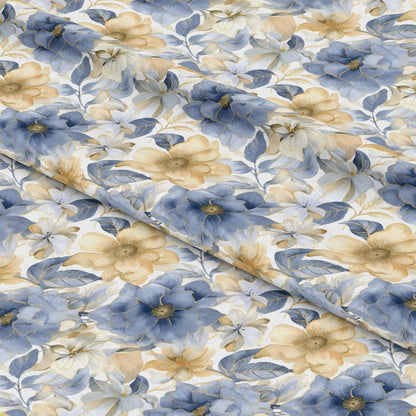 Gold and Blue Florals Pattern 1 Quilting Cotton Fabric