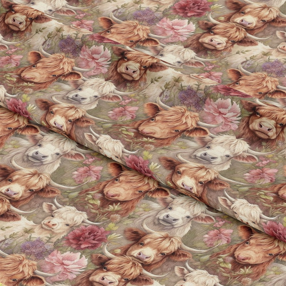 - Pretty Highland Cows Pattern 20 Quilting Cotton Fabric  
- Highland cows  
- Quilting fabric  
- Cotton material  
- Brown, cream, beige colors  
- Floral design  
- Rustic theme  
- Animal print  
- Farmhouse style  
- Soft texture  
- Decorative fabric