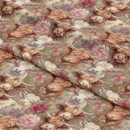 - Pretty Highland Cows Pattern 20 Quilting Cotton Fabric  
- Highland cows  
- Quilting fabric  
- Cotton material  
- Brown, cream, beige colors  
- Floral design  
- Rustic theme  
- Animal print  
- Farmhouse style  
- Soft texture  
- Decorative fabric