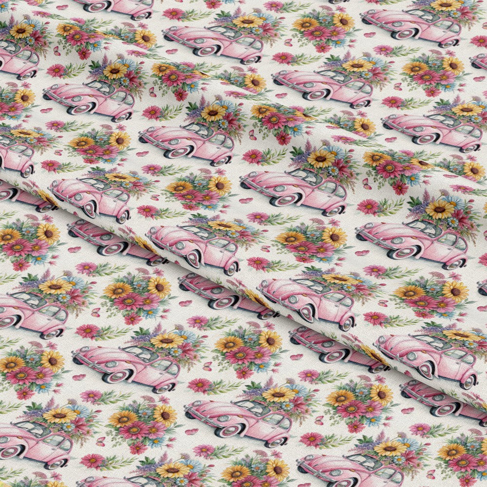 - Bug and Flowers Pattern 1 Quilting Cotton Fabric  
- Floral bouquet  
- Vintage car illustration  
- Pink, yellow, green, white  
- Cotton textile  
- Quilting material  
- Colorful, decorative  
- Garden motifs  
- Soft fabric surface  
- Nature inspired design