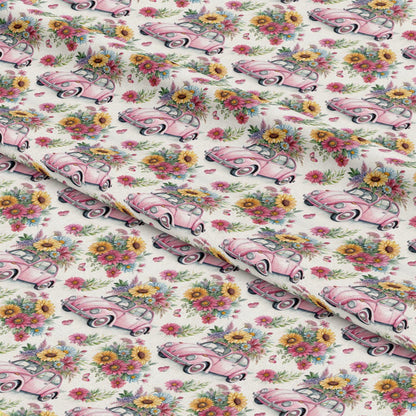 - Bug and Flowers Pattern 1 Quilting Cotton Fabric  
- Floral bouquet  
- Vintage car illustration  
- Pink, yellow, green, white  
- Cotton textile  
- Quilting material  
- Colorful, decorative  
- Garden motifs  
- Soft fabric surface  
- Nature inspired design