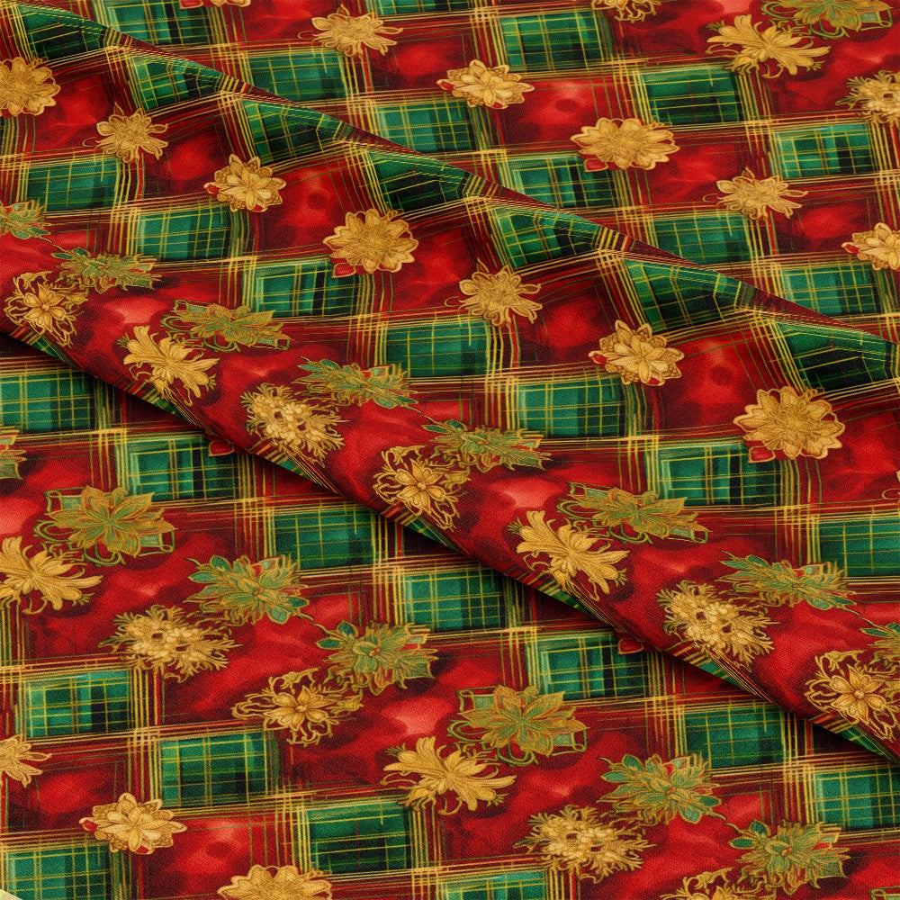 - Red Green Gold Christmas Pattern 15 Quilting Cotton Fabric  
- festive fabric  
- holiday quilt textile  
- cotton material  
- plaid design  
- gold floral accents  
- checkered print  
- Christmas colors  
- sewing fabric  
- seasonal craft fabric  
- quilting cloth  
- decorative textile