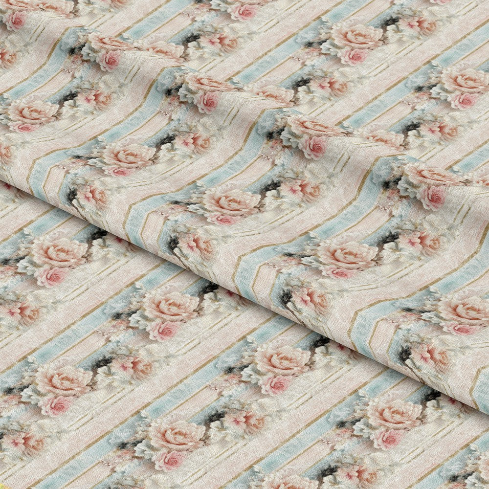- Floral Stripes Pattern 3 Quilting Cotton Fabric  
- Soft pastel pink roses  
- Light blue and beige stripes  
- Vintage floral design  
- Quilting cotton material  
- Elegant, delicate, decorative  
- Textile fabric yardage  
- Floral, stripe, cotton, quilting, fabric alternative