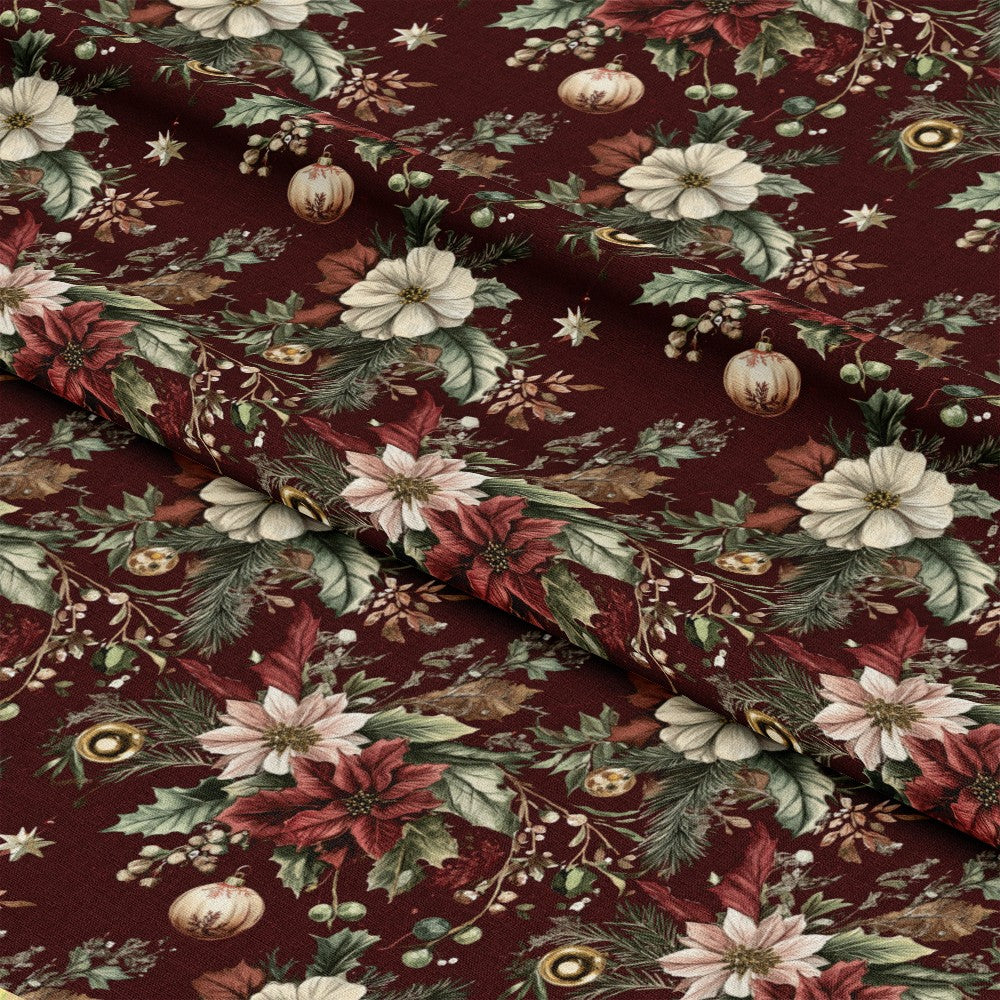 - Christmas Pinecones Pattern 7 Quilting Cotton Fabric  
- burgundy, cream, green, gold  
- holiday, floral, pinecones, poinsettias  
- quilting, cotton, yardage, festive, seasonal  
- ornament, foliage, berries, traditional, craft