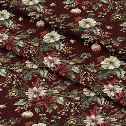 - Christmas Pinecones Pattern 7 Quilting Cotton Fabric  
- burgundy, cream, green, gold  
- holiday, floral, pinecones, poinsettias  
- quilting, cotton, yardage, festive, seasonal  
- ornament, foliage, berries, traditional, craft