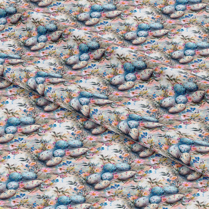 - Boho Easter Eggs Pattern 1 Quilting Cotton Fabric  
- Easter eggs  
- Bohemian style  
- Blue, white, pastel colors  
- Floral accents  
- Quilting material  
- Soft cotton texture  
- Spring theme  
- Handmade crafts  
- Decorative textile