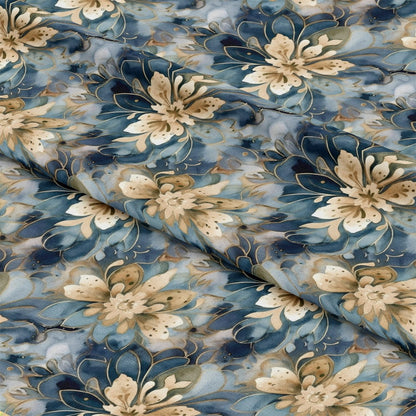 Gold and Blue Florals Pattern 1 Quilting Cotton Fabric