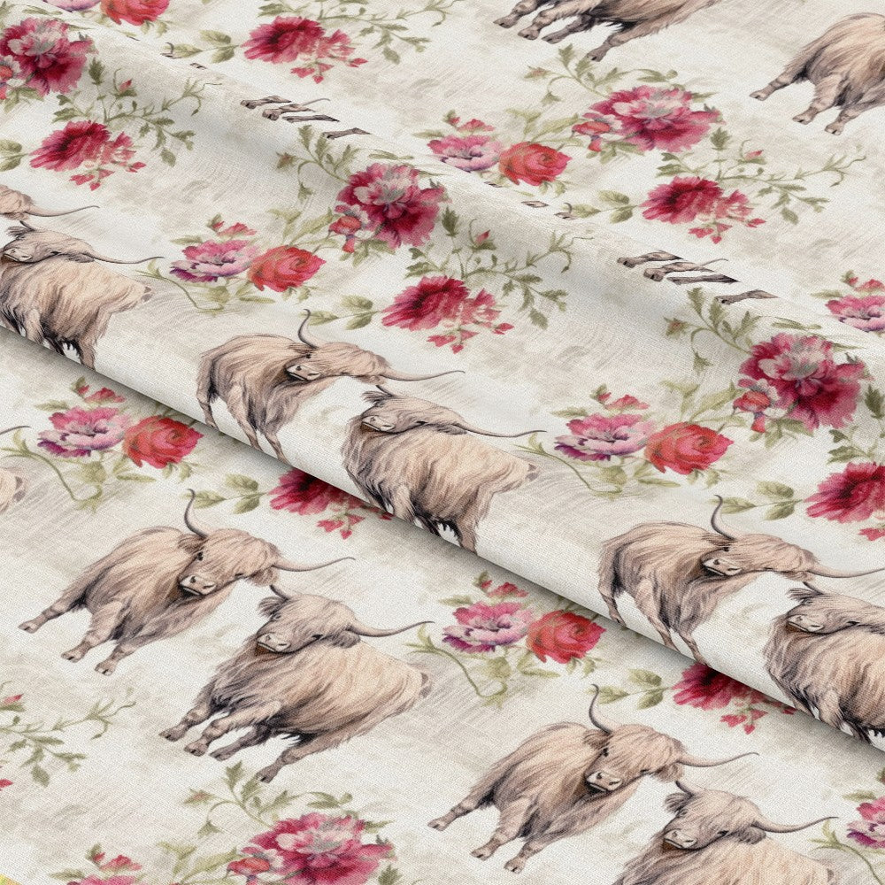 - Highland Cows on the Farm Pattern 2 Quilting Cotton Fabric  
- beige background  
- brown highland cows  
- green leaves  
- red and pink flowers  
- floral design  
- rustic animal print  
- soft quilting cotton  
- natural warm tones  
- farm-themed fabric  
- decorative textile  
- cotton material