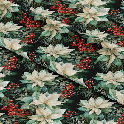 - Christmas Florals Pattern 6 Quilting Cotton Fabric  
- white poinsettias  
- red berries  
- green leaves  
- holiday floral design  
- festive Christmas colors  
- quilting material  
- cotton textile  
- seasonal fabric  
- decorative Christmas print