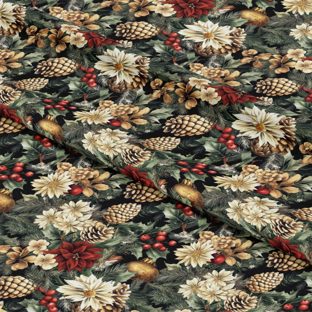 - Christmas Pinecones Pattern 2 Quilting Cotton Fabric  
- pinecones, holiday, festive  
- green foliage, berries, floral  
- poinsettia, natural, seasonal  
- quilting, cotton, textile, fabric  
- beige, cream, red, brown, gold  
- ornamental, decorative, traditional  
- craft, sewing, DIY, cozy