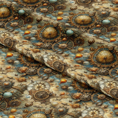 - Steampunk Old Maps Pattern 9 Quilting Cotton Fabric  
- Vintage, antique, retro  
- Brown, beige, blue, gold, orange  
- Gears, cogs, clocks, globes  
- Balloons, clouds, wheels  
- Textured, detailed, intricate  
- Quilting, cotton, fabric  
- Nautical, mechanical, map-themed  
- Artistic, creative, decorative