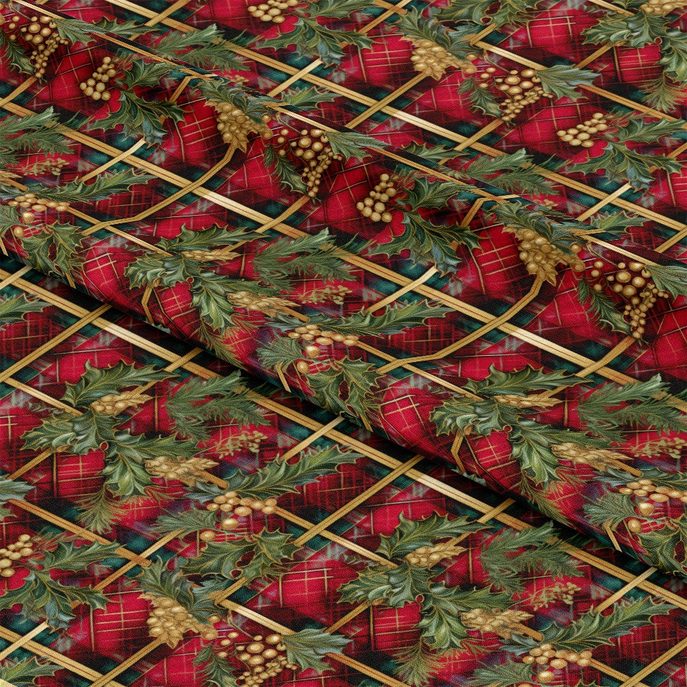 - Red Green Gold Christmas Pattern 4 Quilting Cotton Fabric - Christmas fabric - holiday fabric - quilting cotton - festive fabric - decorative fabric - seasonal fabric - green holly leaves - gold berries - red background - plaid design - cotton material - crafting fabric - sewing fabric - holiday quilting