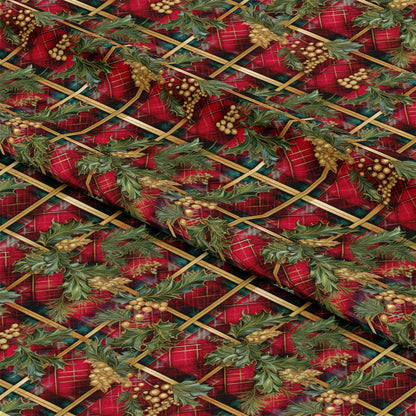 - Red Green Gold Christmas Pattern 4 Quilting Cotton Fabric - Christmas fabric - holiday fabric - quilting cotton - festive fabric - decorative fabric - seasonal fabric - green holly leaves - gold berries - red background - plaid design - cotton material - crafting fabric - sewing fabric - holiday quilting