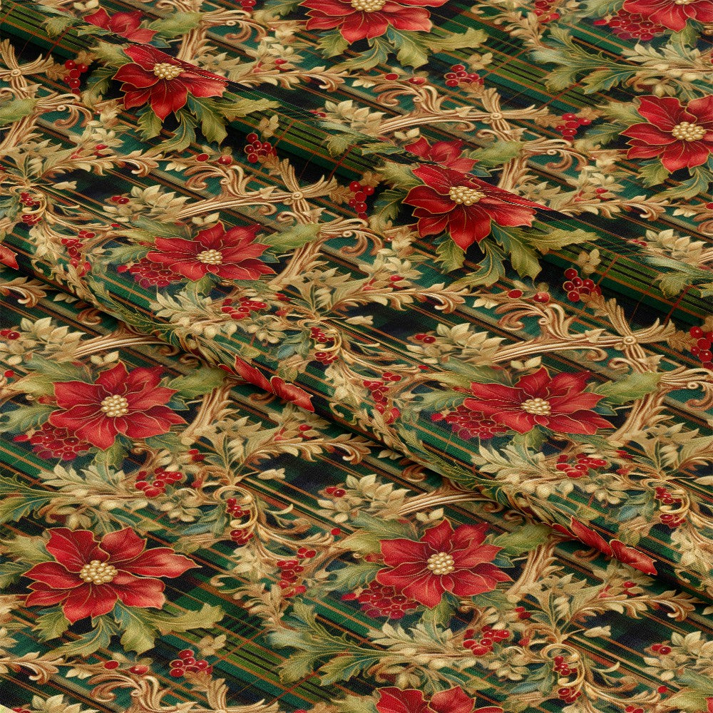 - Red Green Gold Christmas Pattern 10 Quilting Cotton Fabric  
- Christmas floral design  
- Poinsettia flowers  
- Holiday leaves and berries  
- Festive decorative fabric  
- Quilting cotton material  
- Traditional Christmas colors  
- Seasonal fabric for crafts  
- Elegant holiday print