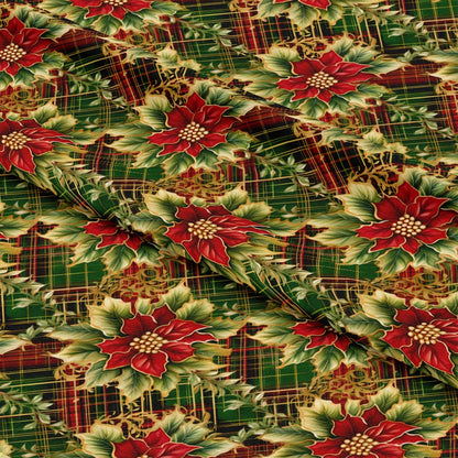 - Red Green Gold Christmas Pattern 12 Quilting Cotton Fabric  
- Holiday fabric  
- Festive cotton textile  
- Quilting material  
- Poinsettia floral design  
- Plaid background  
- Christmas colors  
- Seasonal fabric  
- Decorative fabric  
- Soft cotton fabric