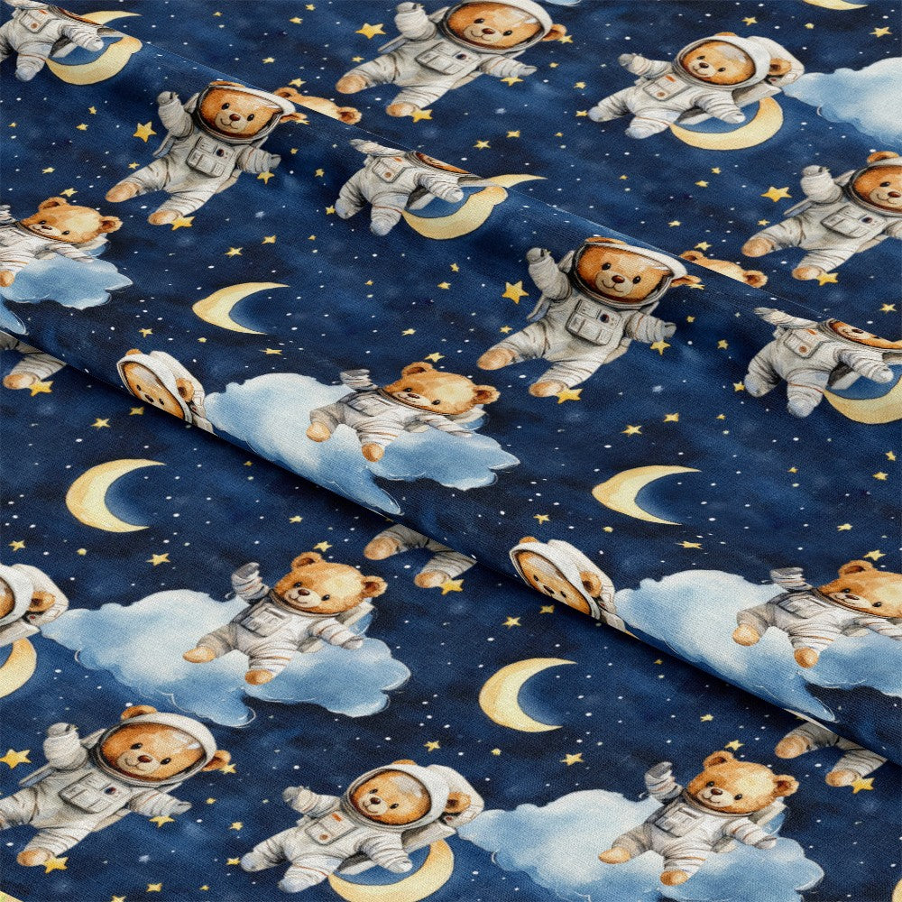 - Blue Teddy Bear Baby Boy Pattern 2 Quilting Cotton Fabric  
- Navy blue background  
- Brown teddy bears in astronaut suits  
- White clouds and moons  
- Yellow stars  
- Space theme  
- Soft cotton textile  
- Quilting material  
- Baby boy fabric design  
- Cute charming print  
- Whimsical nursery decor