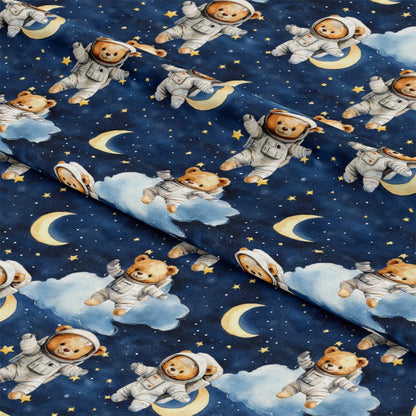 - Blue Teddy Bear Baby Boy Pattern 2 Quilting Cotton Fabric  
- Navy blue background  
- Brown teddy bears in astronaut suits  
- White clouds and moons  
- Yellow stars  
- Space theme  
- Soft cotton textile  
- Quilting material  
- Baby boy fabric design  
- Cute charming print  
- Whimsical nursery decor