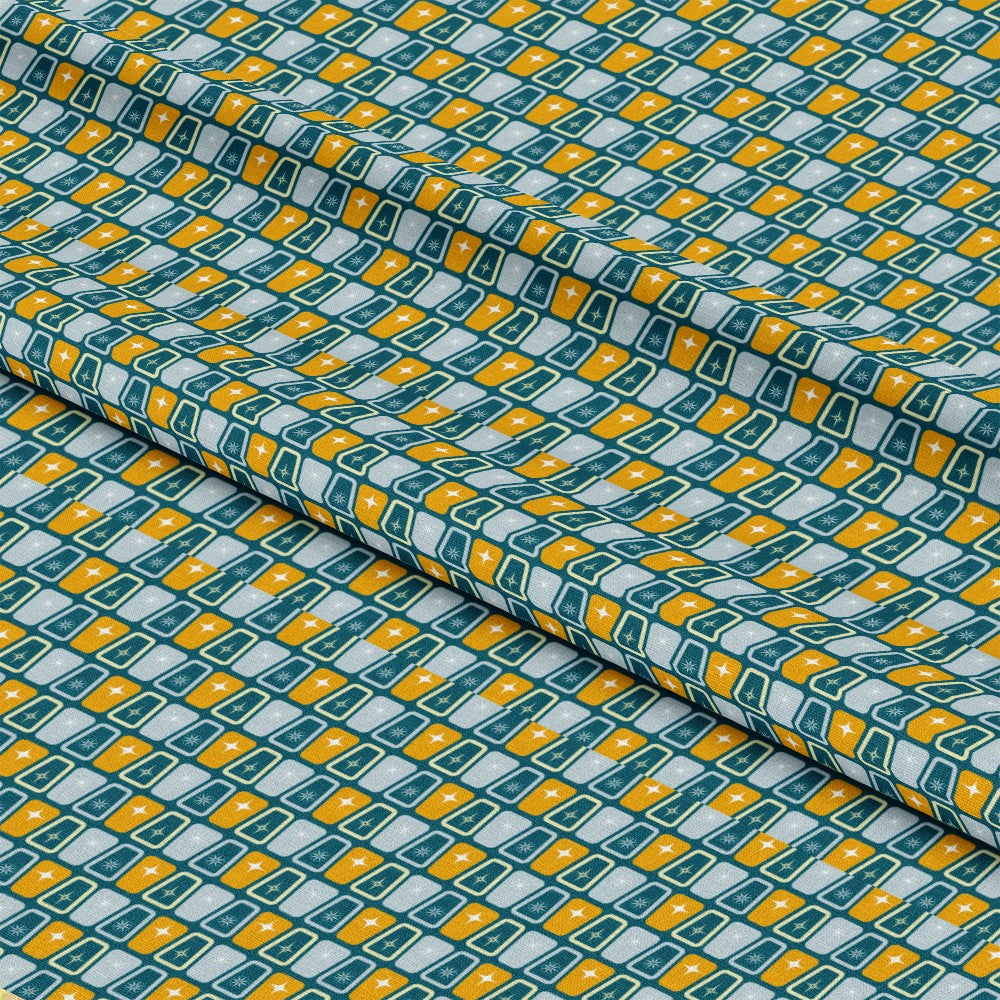 - Atomic Starbursts Pattern 9 Quilting Cotton Fabric  
- geometric squares  
- star motifs  
- teal, mustard, white colors  
- quilting fabric  
- cotton textile  
- retro style  
- vibrant design  
- craft material  
- sewing fabric