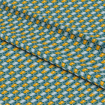 - Atomic Starbursts Pattern 9 Quilting Cotton Fabric  
- geometric squares  
- star motifs  
- teal, mustard, white colors  
- quilting fabric  
- cotton textile  
- retro style  
- vibrant design  
- craft material  
- sewing fabric