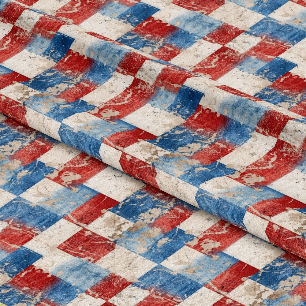 - Distressed Patriotic Pattern 7 Quilting Cotton Fabric  
- Red, white, blue colors  
- Vintage, rustic style  
- Checkerboard design  
- Cotton textile for quilting  
- American-themed fabric  
- Worn, textured appearance  
- Durable, soft material  
- Crafting, sewing fabric