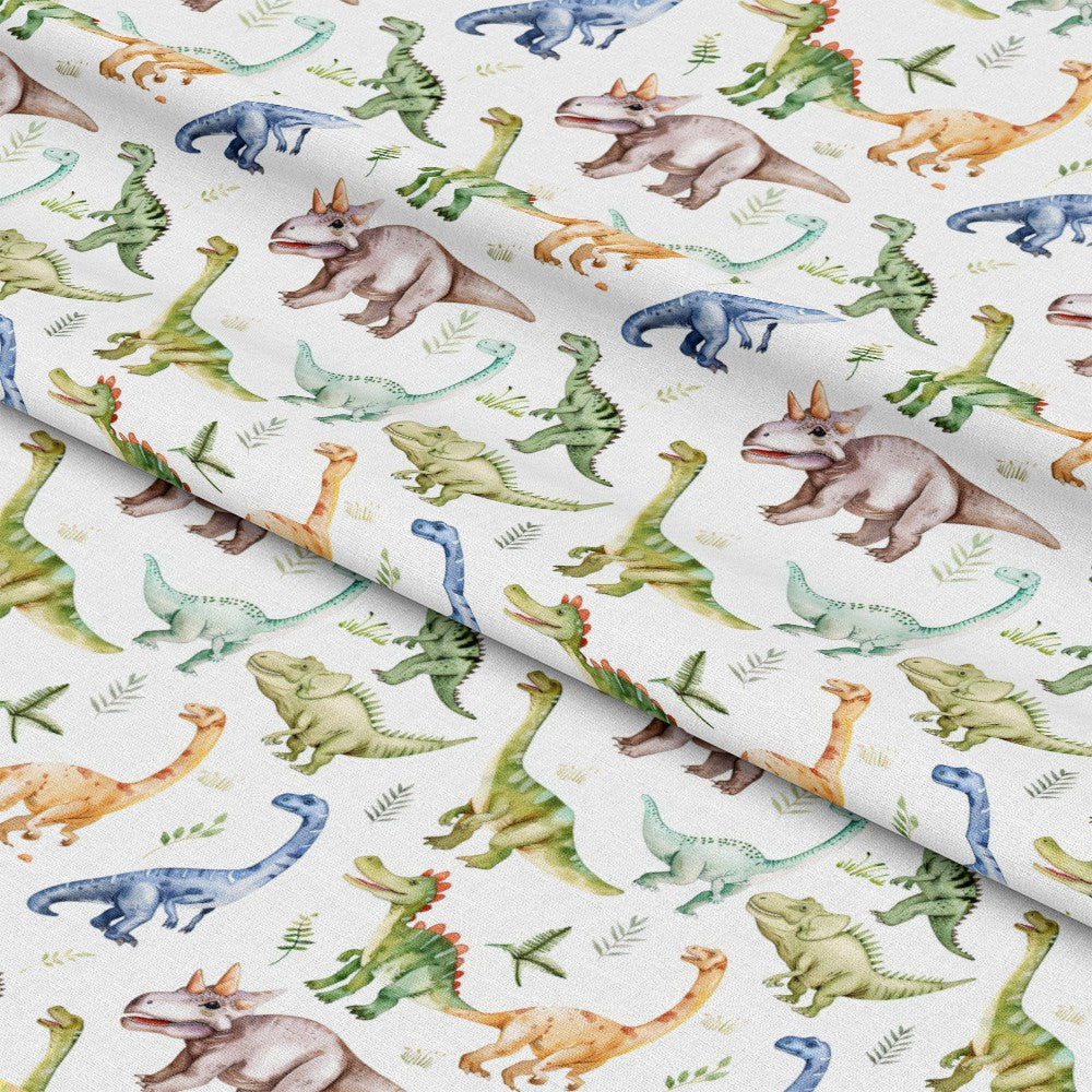 - Watercolor Dinosaurs Pattern 2 Quilting Cotton Fabric  
- Multicolored dinosaurs  
- Green, blue, orange, brown shades  
- Cotton textile  
- Quilting material  
- Prewashed fabric  
- Yardage fabric  
- Cute dinosaur illustrations  
- Soft cotton fabric  
- Kids theme fabric  
- Whimsical dinosaur print