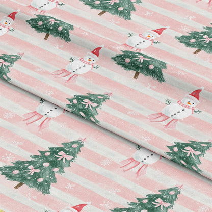 - Sweet Pink Christmas Pattern 6 Quilting Cotton Fabric  
- pink  
- white  
- green  
- snowman  
- Christmas tree  
- holiday  
- festive  
- striped  
- soft  
- cotton  
- fabric  
- quilting  
- seasonal  
- cheerful  
- decorative