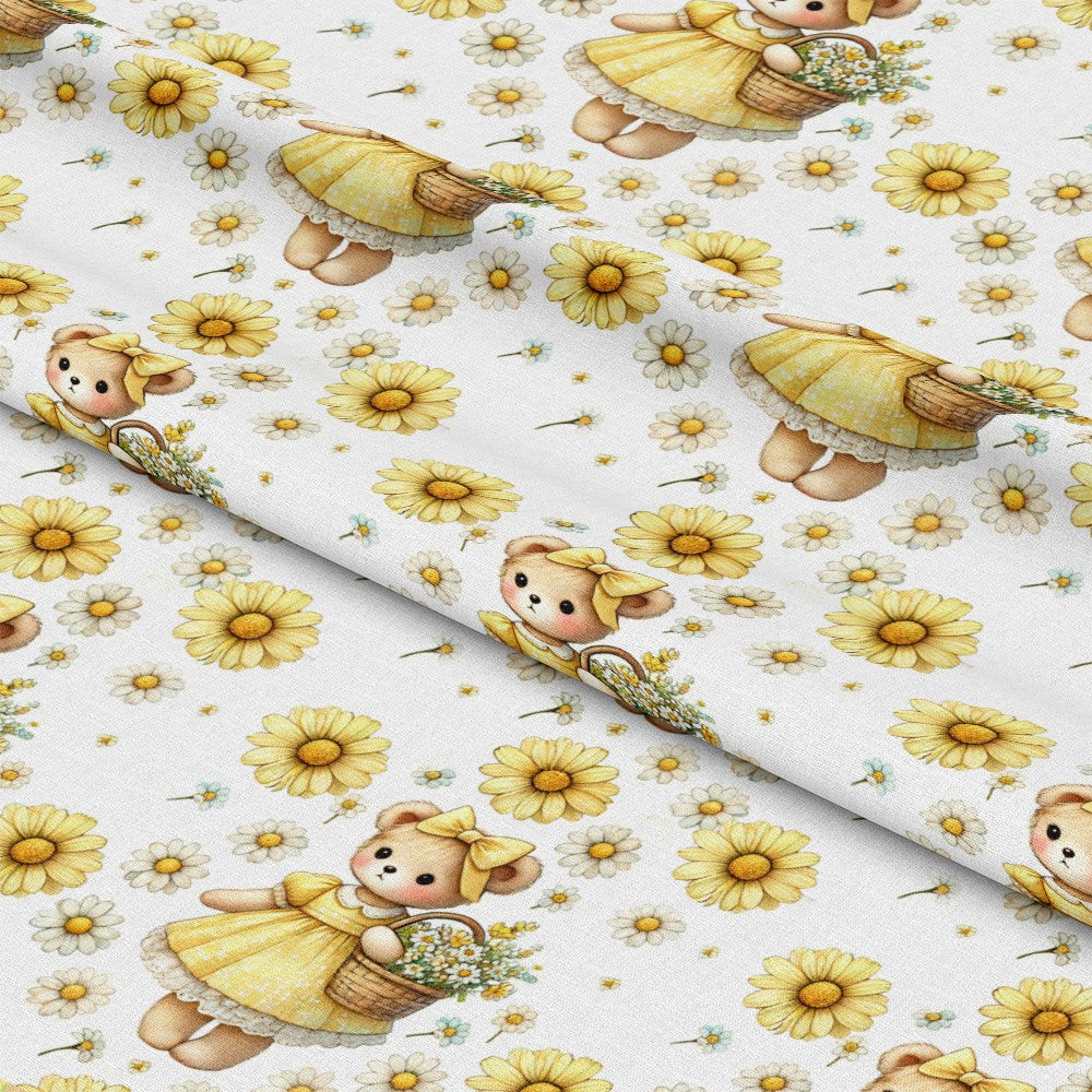 - Daisy Teddy Bears Pattern 6 Quilting Cotton Fabric  
- Yellow daisies  
- Cute teddy bears  
- Soft cotton texture  
- Quilting material  
- White background  
- Floral design  
- Charming playful motif  
- Craft fabric  
- Light pastel colors
