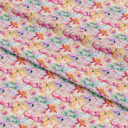 - Tropical Flamingo Water Lilies Pattern 1 Quilting Cotton Fabric  
- pink flamingos  
- green water lilies  
- pastel tropical colors  
- orange and yellow floral accents  
- lightweight cotton fabric  
- vibrant summer theme  
- decorative quilting material  
- soft textured textile  
- botanical and wildlife design
