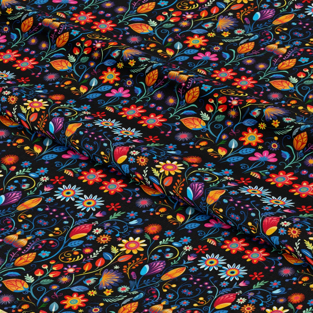 - Mexican Floral Fiesta Pattern 6 Quilting Cotton Fabric  
- vibrant floral design  
- multicolor flowers  
- red, yellow, blue, orange, pink  
- dark background fabric  
- decorative leaves  
- cotton textile  
- quilting material  
- festive floral motif  
- handcrafted appearance