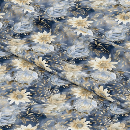 - Blue and Gold Floral Pattern 3 Quilting Cotton Fabric  
- Floral design  
- Blue hues  
- Gold accents  
- Quilting cotton  
- Botanical motifs  
- Soft textures  
- Elegant fabric  
- Decorative florals  
- Natural elements  
- Craft material
