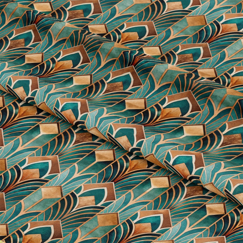 - Art Deco Pattern 15 Quilting Cotton Fabric - geometric shapes - teal, brown, beige - quilt material - textile design - vintage style - fabric yardage - decorative print - sewing craft - cotton cloth