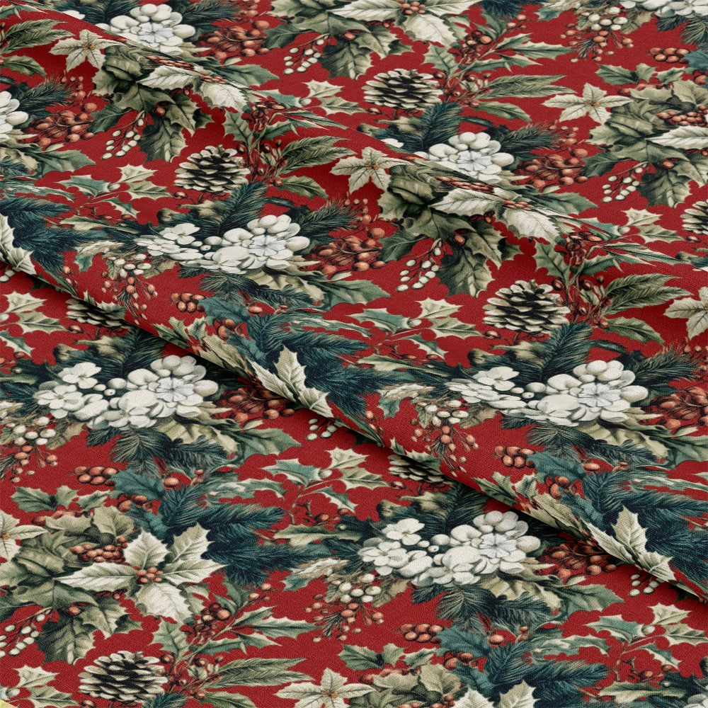 - Christmas Pinecones Pattern 6 Quilting Cotton Fabric  
- red background  
- green pine needles  
- white berries  
- brown pinecones  
- holiday foliage  
- seasonal print  
- quilting fabric  
- cotton textile  
- festive nature design  
- traditional Christmas colors