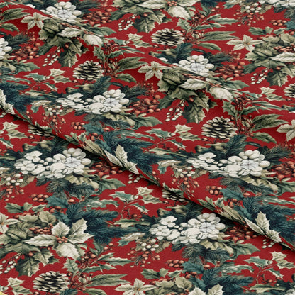 - Christmas Pinecones Pattern 6 Quilting Cotton Fabric  
- red background  
- green pine needles  
- white berries  
- brown pinecones  
- holiday foliage  
- seasonal print  
- quilting fabric  
- cotton textile  
- festive nature design  
- traditional Christmas colors