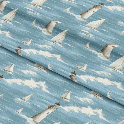 Lighthouse and Sailboats Pattern 10 Quilting Cotton Fabric