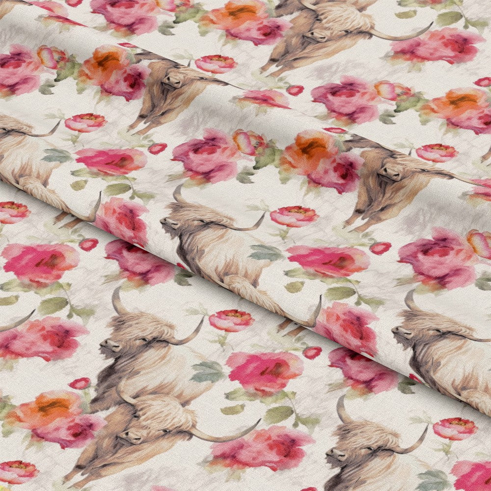 - Highland Cows on the Farm Pattern 4 Quilting Cotton Fabric  
- beige, brown, cream cows, pink, orange floral  
- watercolor style, farm animals, floral prints  
- soft cotton, quilting fabric, yardage  
- rustic, pastoral, nature inspired, textile