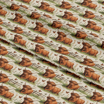 Cartoon Highland Cows Pattern 7 Quilting Cotton Fabric