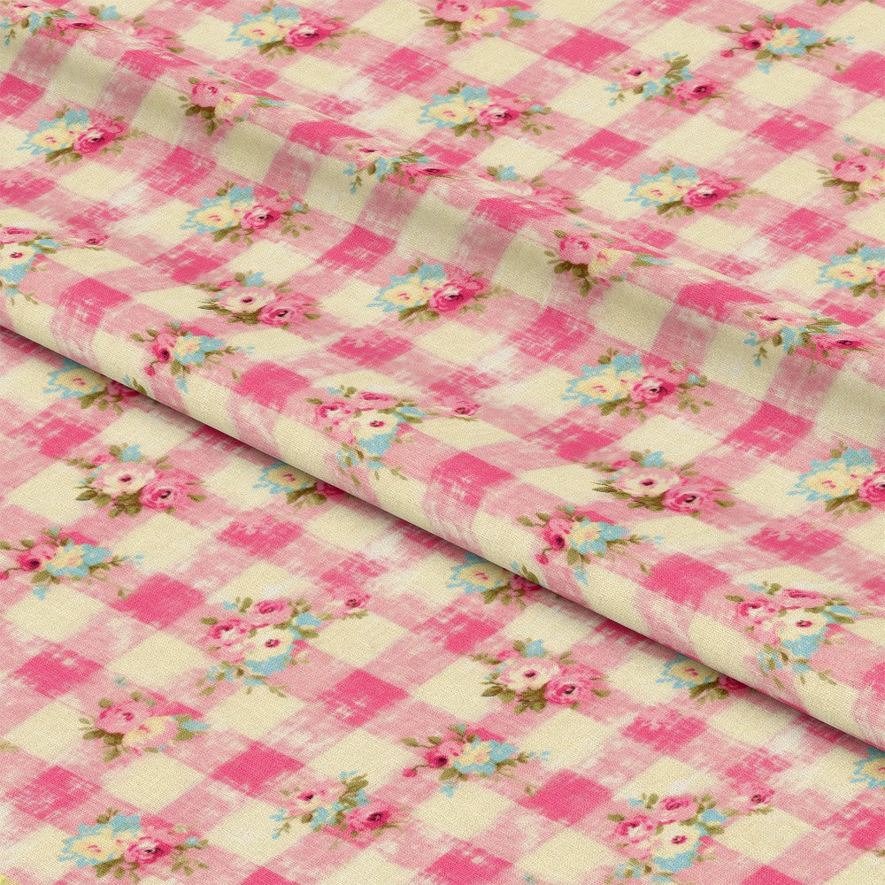 - Country Girl Plaid Pattern 5 Quilting Cotton Fabric  
- Pink and cream checkered  
- Floral accents  
- Soft cotton texture  
- Quilting material  
- Vintage style  
- Pastel colors  
- Fabric yardage  
- Sewing craft fabric  
- Rustic charm fabric