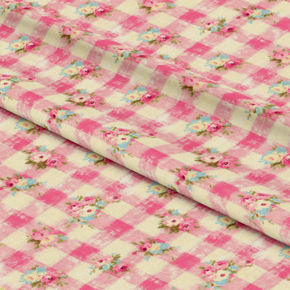 - Country Girl Plaid Pattern 5 Quilting Cotton Fabric  
- Pink and cream checkered  
- Floral accents  
- Soft cotton texture  
- Quilting material  
- Vintage style  
- Pastel colors  
- Fabric yardage  
- Sewing craft fabric  
- Rustic charm fabric