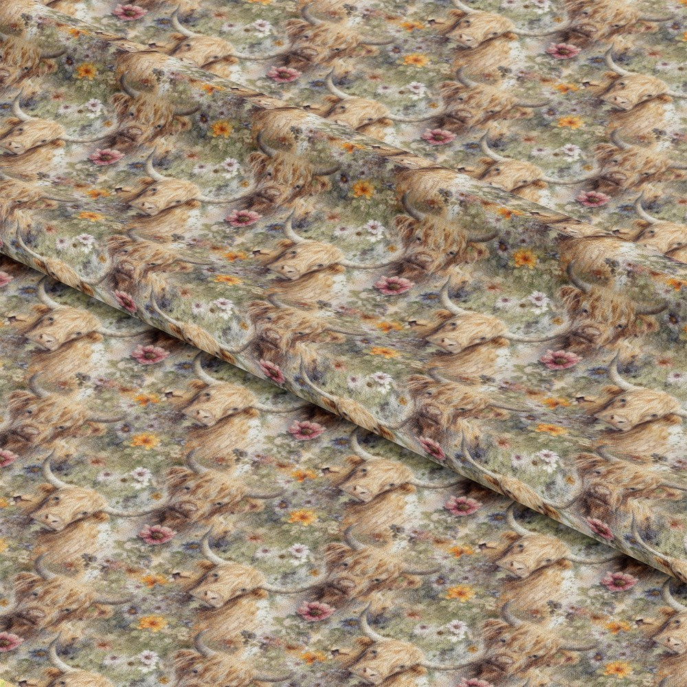 - Floral Highland Cows Allover Pattern 1 Quilting Cotton Fabric  
- Beige, brown, green, pink, white, yellow colors  
- Highland cow illustrations, floral motifs, meadow theme  
- Quilting, cotton, textile, yardage, soft fabric, natural fibers  
- Rustic, country style, nature-inspired, botanical, animal print  
- Pastel tones, detailed, repeated design, decorative cloth