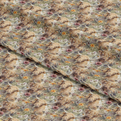 - Floral Highland Cows Allover Pattern 1 Quilting Cotton Fabric  
- Beige, brown, green, pink, white, yellow colors  
- Highland cow illustrations, floral motifs, meadow theme  
- Quilting, cotton, textile, yardage, soft fabric, natural fibers  
- Rustic, country style, nature-inspired, botanical, animal print  
- Pastel tones, detailed, repeated design, decorative cloth