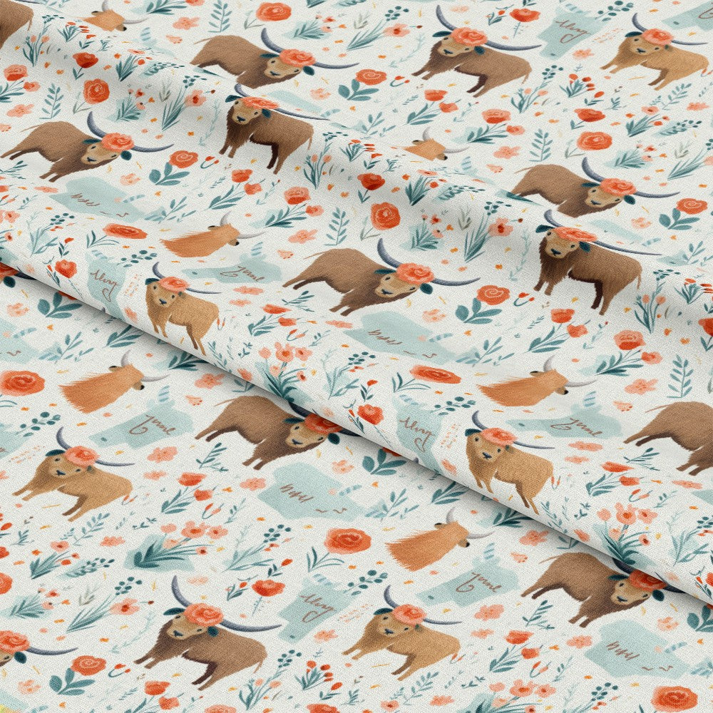 Handdrawn Highland Cows Pattern 4 Quilting Cotton Fabric