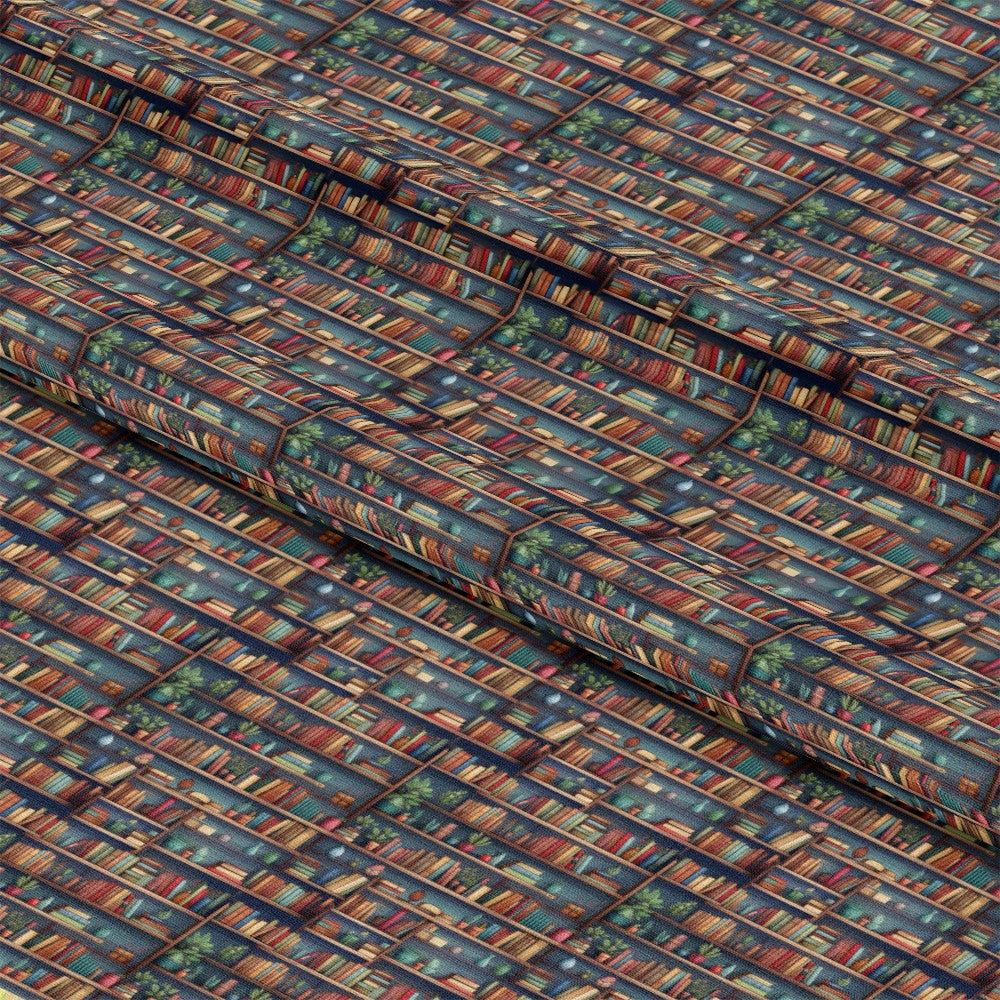 - Bookshelf Pattern 10 Quilting Cotton Fabric  
- multicolored  
- brown  
- green  
- blue  
- orange  
- quilting  
- cotton  
- fabric  
- bookcase  
- literary  
- decorative  
- textured  
- printed  
- textile