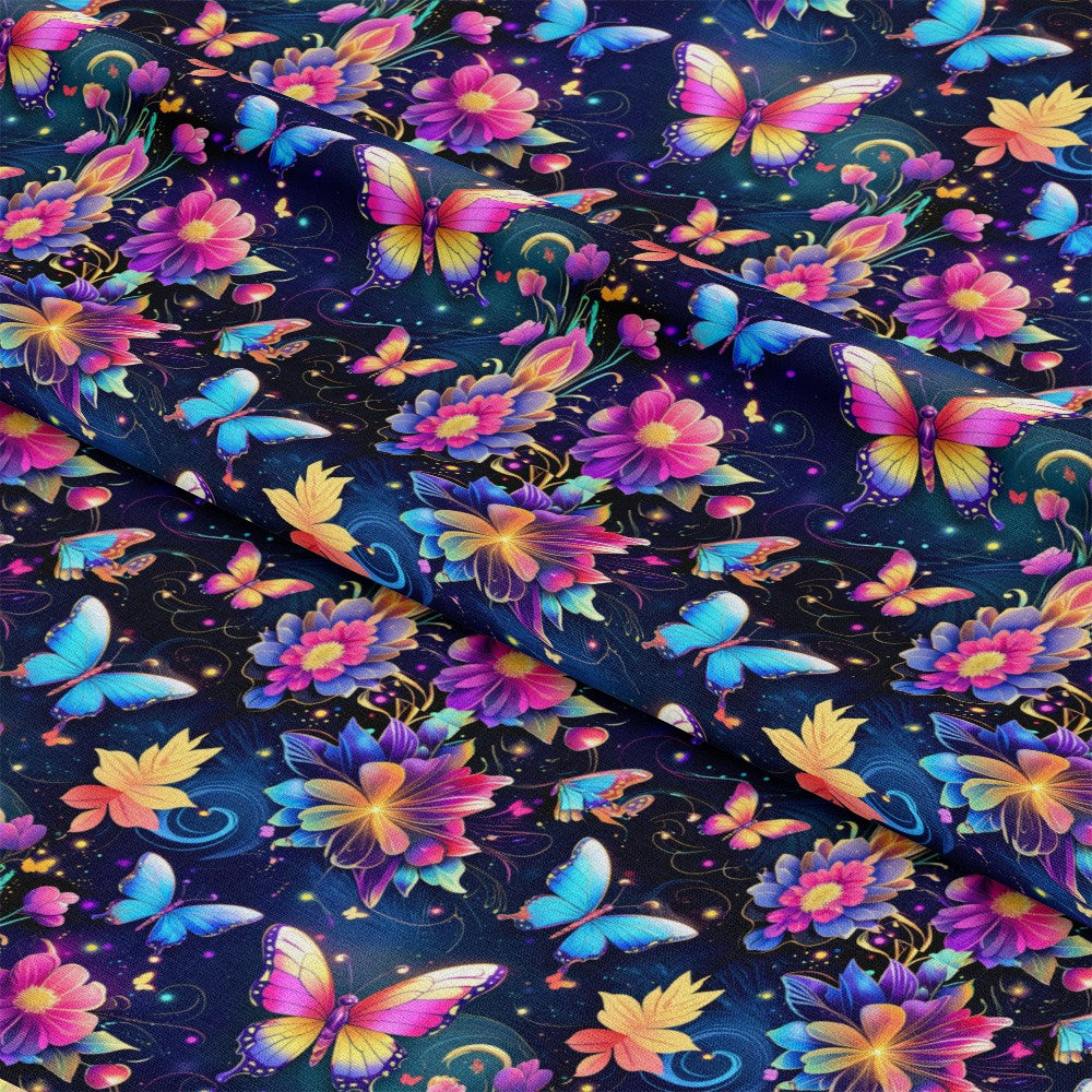 - Fantasy Butterflies Pattern 33 Quilting Cotton Fabric  
- vibrant butterflies  
- multicolor wings  
- floral motifs  
- purple pink yellow flowers  
- blue background  
- quilting fabric  
- cotton material  
- nature-inspired design  
- decorative textile  
- colorful fauna and flora  
- ornamental fabric print