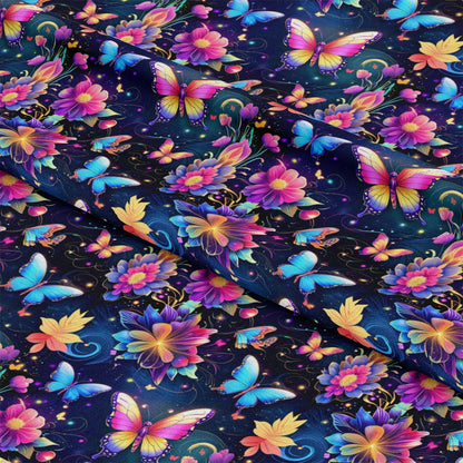 - Fantasy Butterflies Pattern 33 Quilting Cotton Fabric  
- vibrant butterflies  
- multicolor wings  
- floral motifs  
- purple pink yellow flowers  
- blue background  
- quilting fabric  
- cotton material  
- nature-inspired design  
- decorative textile  
- colorful fauna and flora  
- ornamental fabric print