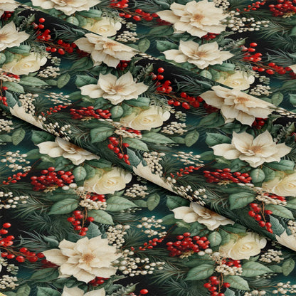 - Christmas Florals Pattern 3 Quilting Cotton Fabric  
- holiday fabric  
- floral design  
- poinsettia  
- roses  
- red berries  
- green leaves  
- white flowers  
- seasonal cotton fabric  
- festive quilting material  
- traditional Christmas colors  
- botanical print  
- nature-inspired textile