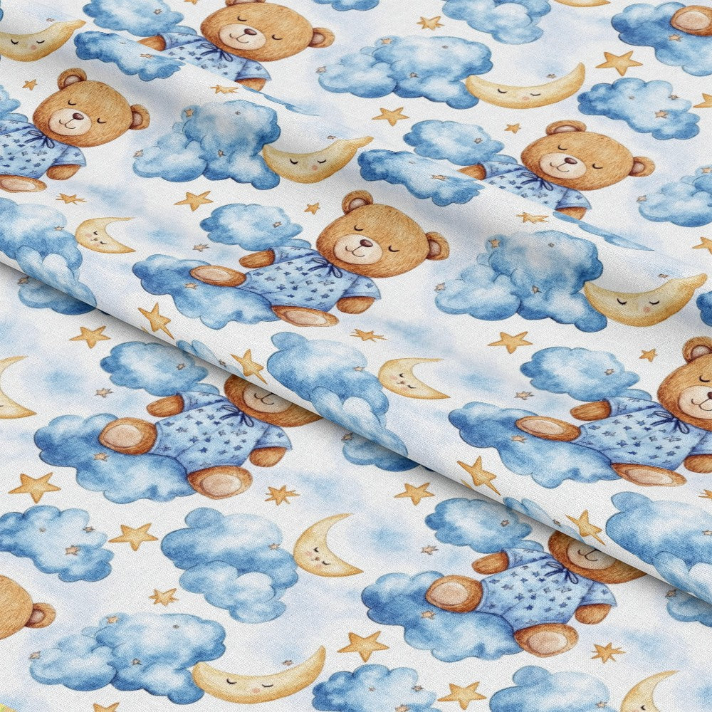 • Blue Teddy Bear Baby Boy Pattern 8 Quilting Cotton Fabric • soft • cotton • quilting • baby boy • teddy bear • clouds • crescent moon • stars • nursery • cozy • children • light blue • brown • white background • playful • cute • calming
