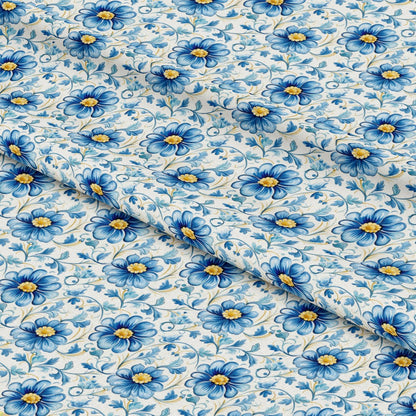 Blue Handpainted Tiles Pattern 5 Quilting Cotton Fabric