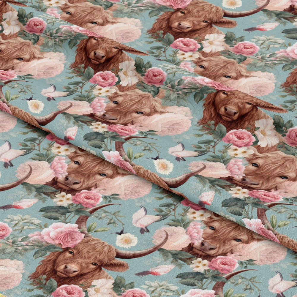 - Vintage Highland Cows Pattern 8 Quilting Cotton Fabric  
- Brown cattle, floral design, pink roses  
- Soft blue background, green foliage  
- Quilting material, cotton textile, fabric yardage  
- Rustic, pastoral, countryside motif  
- Decorative, nature-inspired, animal print
