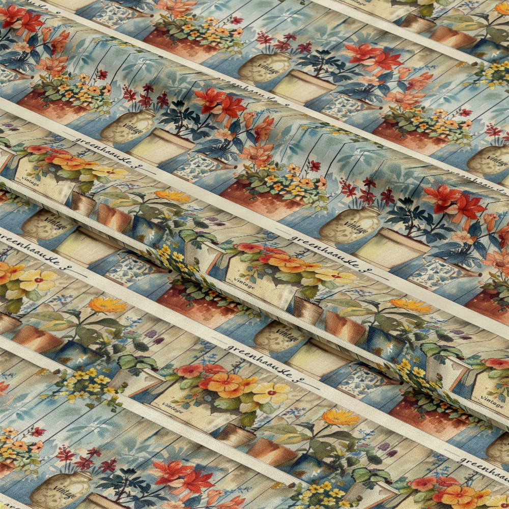 - Farm Life Pattern 10 Quilting Cotton Fabric  
- floral motif  
- rustic colors  
- garden theme  
- nature inspired  
- soft blue background  
- orange, yellow, red flowers  
- pottery illustrations  
- country style  
- quilting material  
- cotton textile  
- decorative fabric  
- vintage farmhouse style
